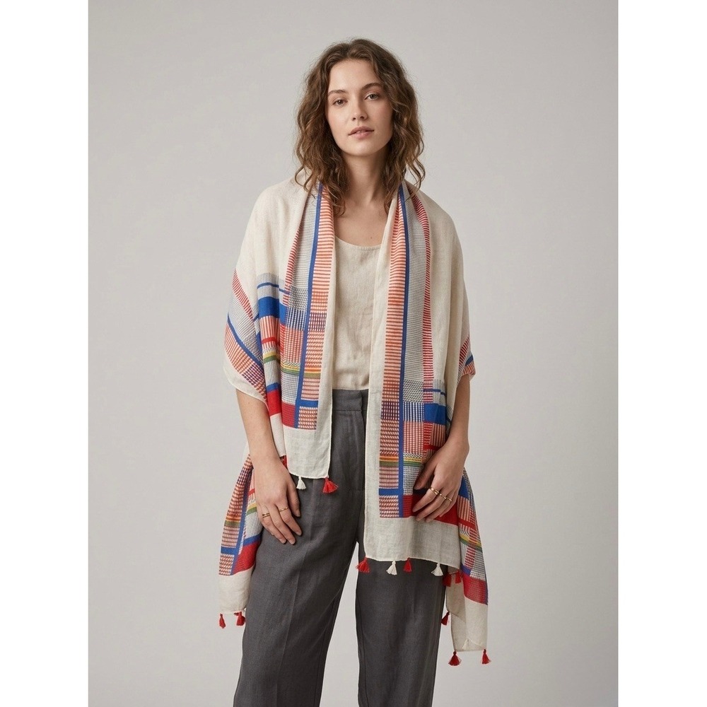 BoHoJJ Cream Red Blue Geometric Grid Tassel Wrap Lightweight  Scarf